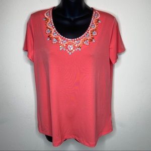 Susan Graver Coral Orange Stretch Knit Beaded Tee